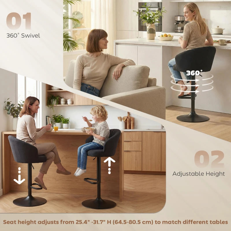 Adjustable Bar Stools Set of 2, Upholstered Kitchen Stools with Swivel Seat, Steel Frame, Footrest, ‎Black