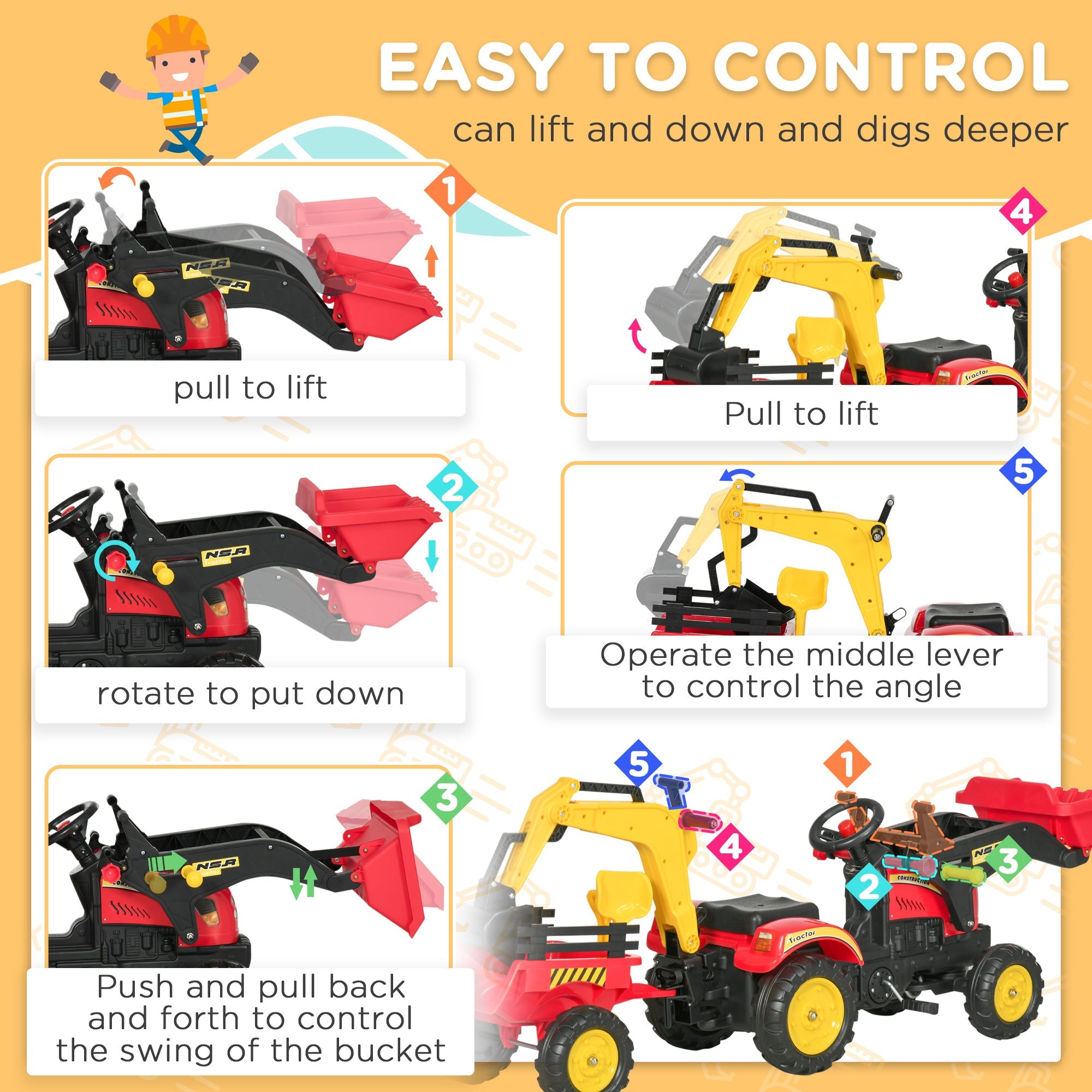 Aosom 3 in1 Kids Ride On Bulldozer/Excavator Toy with 6 Wheels, Controllable Cargo Trailer & Easy Pedal Controls 