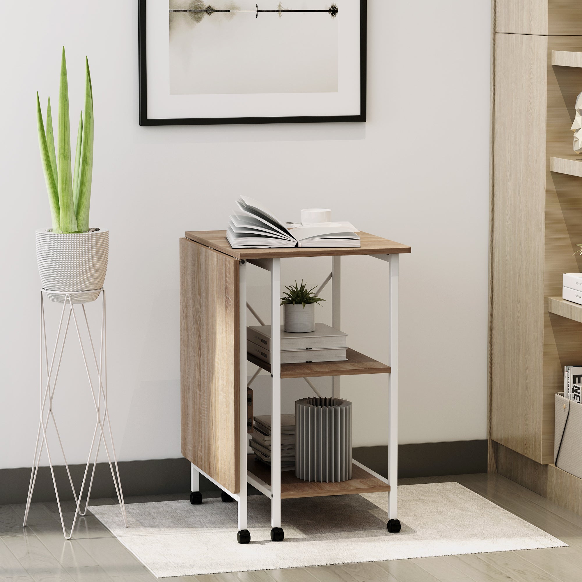 HOMCOM Folding Study Desk Storage Shelves Laptop Table Home Office Workstation 6 Wheels Natural 