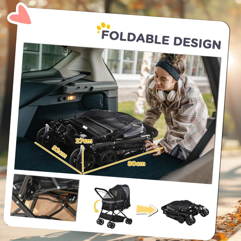 Foldable Cat Dog Travel Carriage, 4 Wheels Pet Stroller with EVA Wheel Brake, 3-stage Canopy, Mesh Window Door, Black