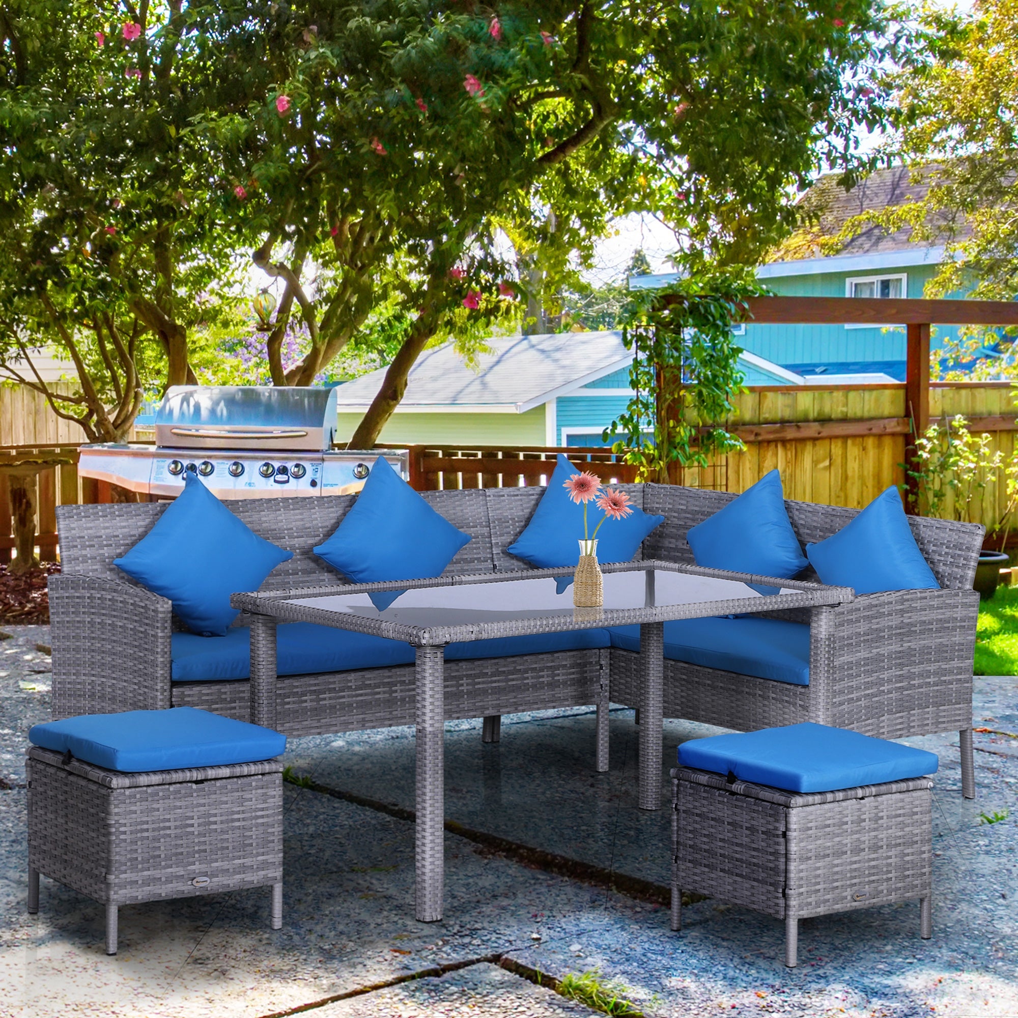 Outsunny 5-Piece Patio Dining Sets, Outdoor Furniture Sets PE Rattan Wicker Conversation Furniture Sets, Blue 