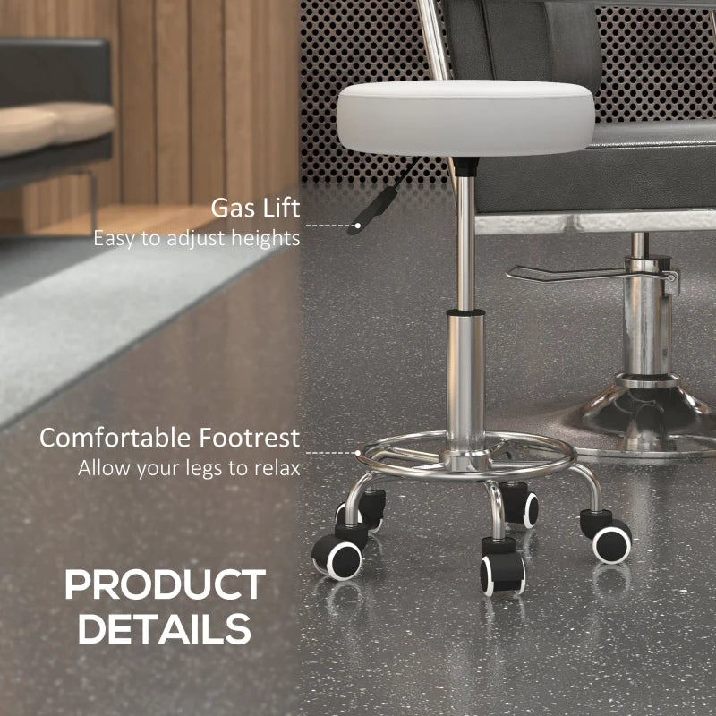 Salon Stool with Adjustable Height, PU Leather Barber Rolling Massage Tattoo Chair for Bar Beauty SPA, White