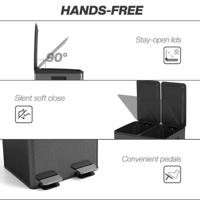 Dual Garbage Bin, Soft-Close Trash Can with Foot Pedal, 2 x 20 Liter Garbage Can with Removable Inner Buckets, Black