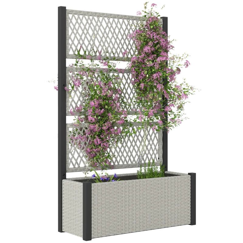 Wicker Outdoor Planter with Trellis, 58" Standing Garden Bed with Liner, Drainage Holes for Climbing Plants, Mixed Grey