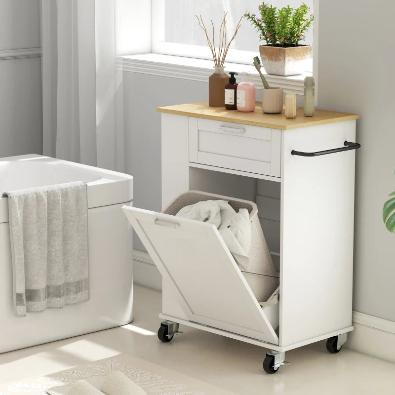 Rolling Kitchen Island with Trash Can Storage, Kitchen Island on Wheels with Spice & Rack, Drawer for Kitchen, White