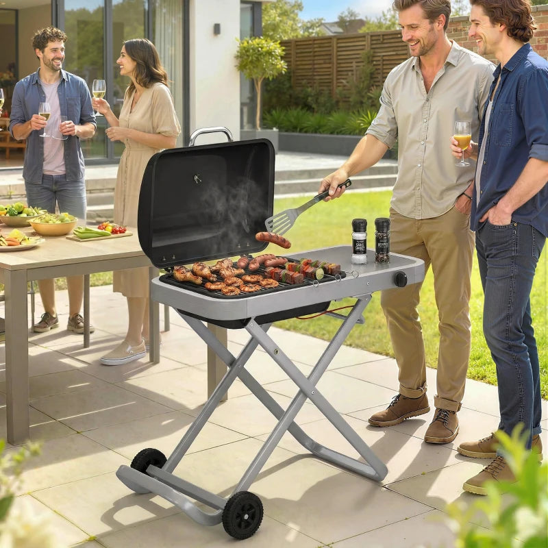 Outsunny Portable Propane Gas BBQ Grill with Foldable Cart, Wheels, 9500 BTU Gas Barbecue Grill with Piezo Ignition Burner, Black