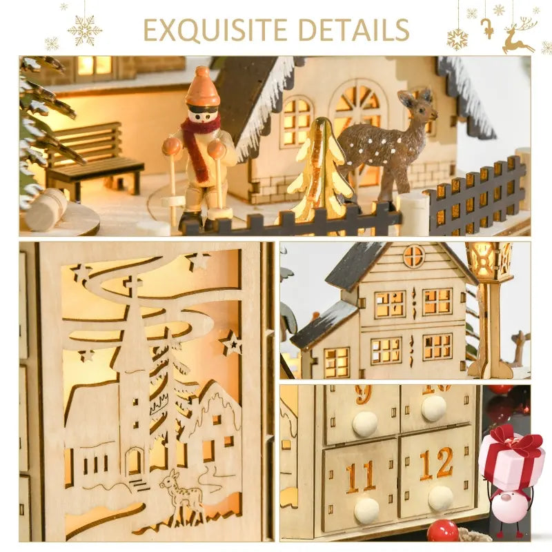 HOMCOM Christmas Advent Calendar, Light Up Table Xmas Wooden Holiday Decoration with Countdown Drawers and Village, for Kids and Adults, Natural