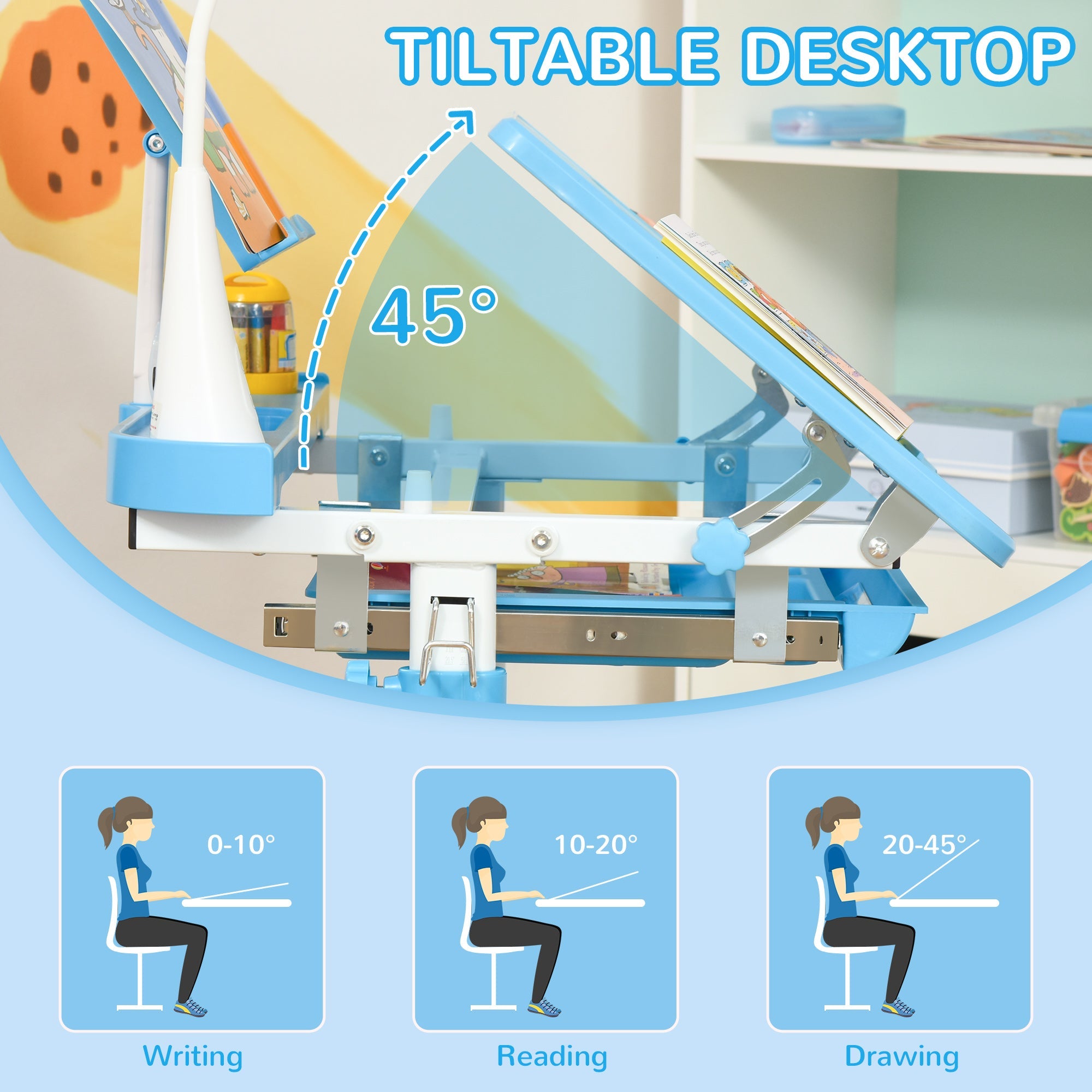 Qaba Adjustable Kids Desk Chair Set with Tilt Desktop LED Lamp Blue for Student Study Comfort 