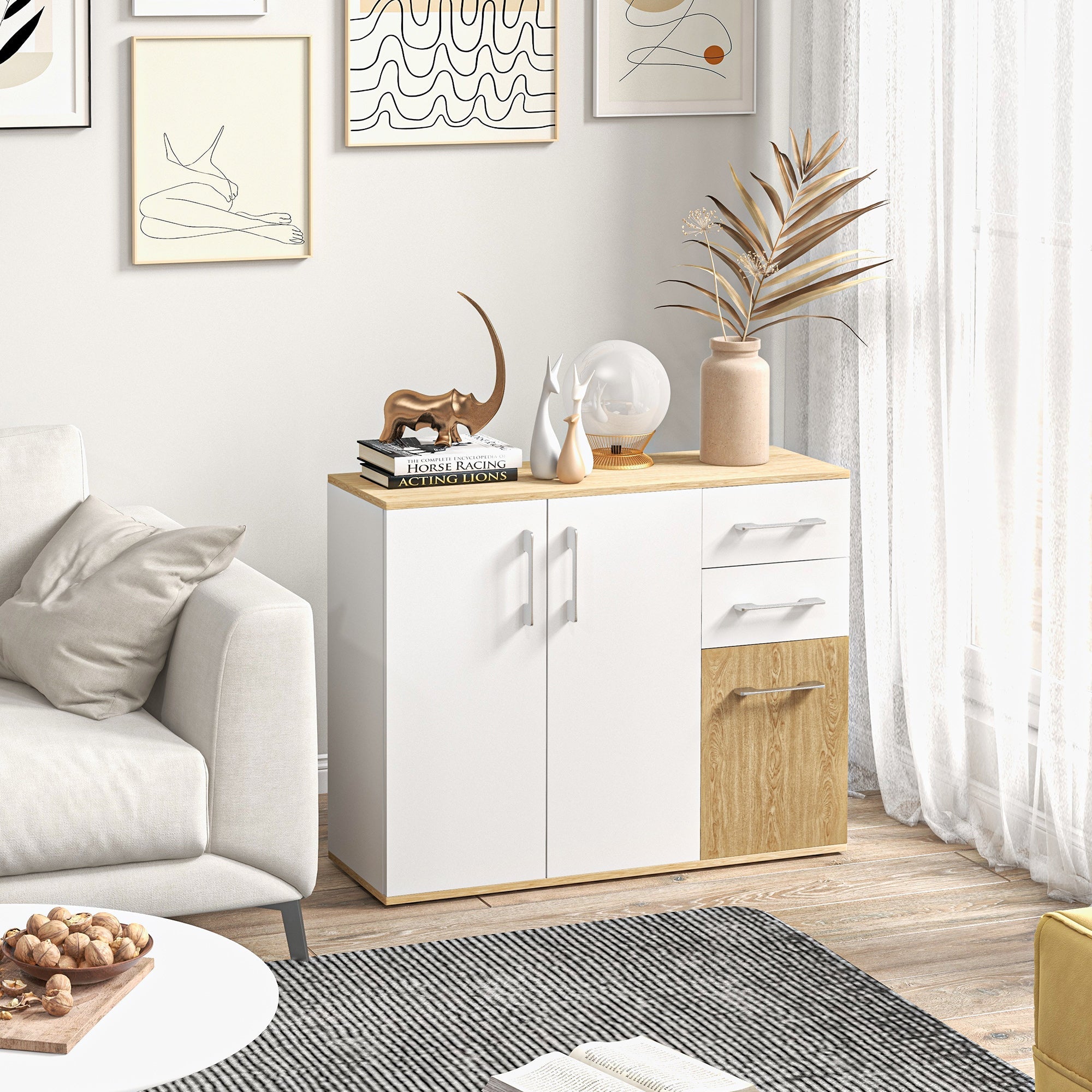 HOMCOM Elegant Sideboard Cabinet White Freestanding Buffet with Doors Drawers Adjustable Shelf for Dining Room Kitchen 
