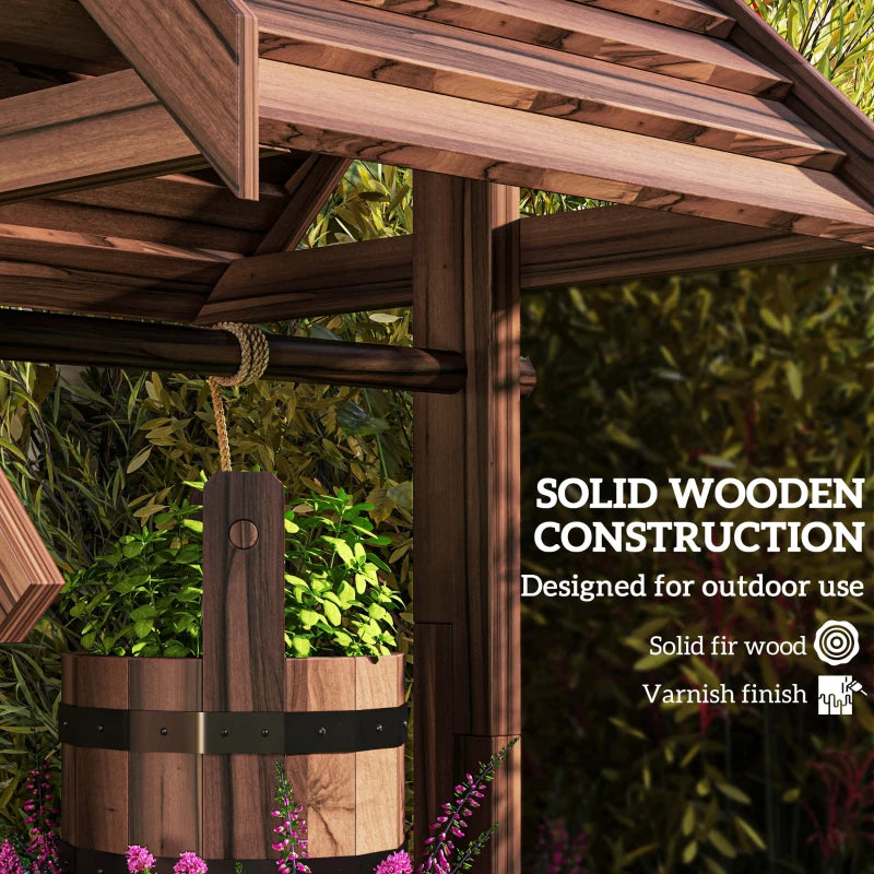 Wood Wishing Well Outdoor Wooden Planter with Hanging Bucket and Drainage Hole for Garden, Patio, Backyard, Tan