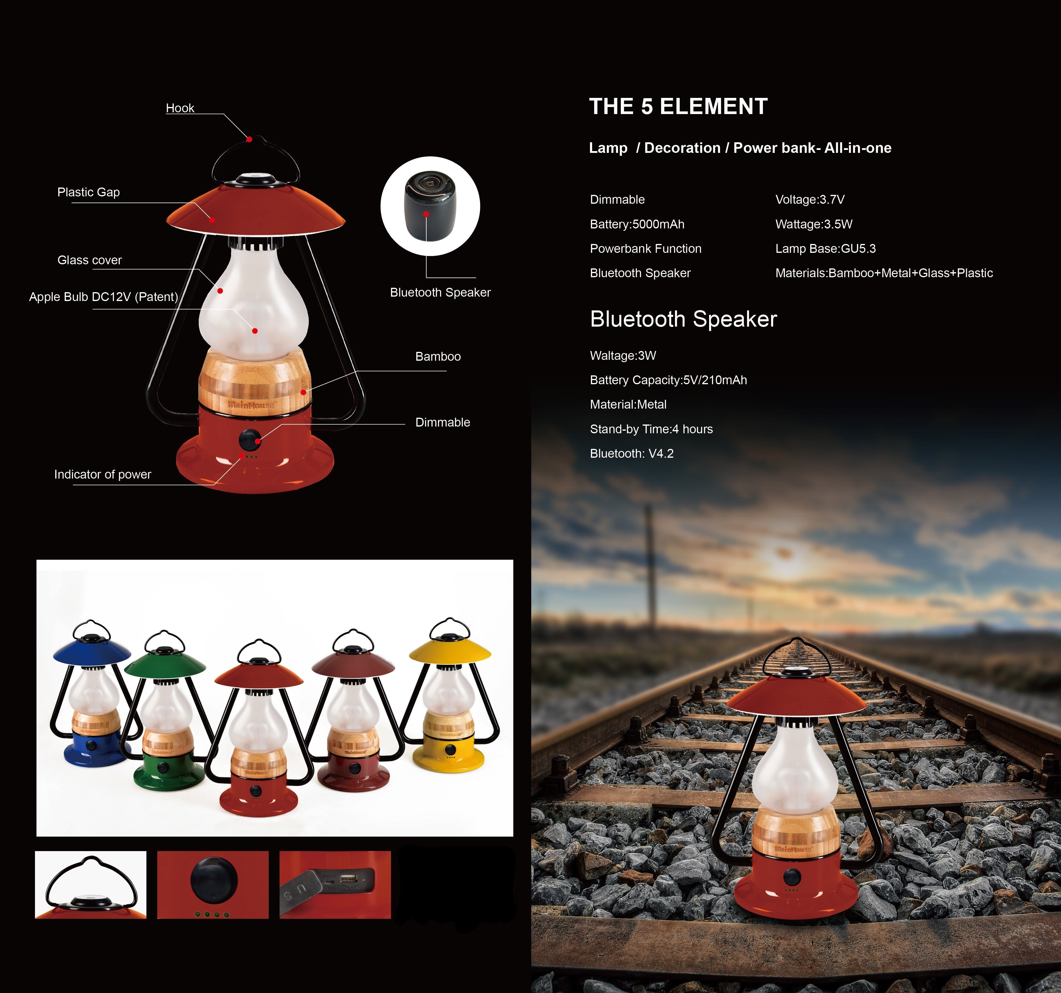 TRU De-LIGHT ROMANTICO LED All-in-One Lamp, Rechargeable, Bluetooth Music Speaker - FIRE RED / YELLOW / AUQA BLUE / GREEN / BLACK 