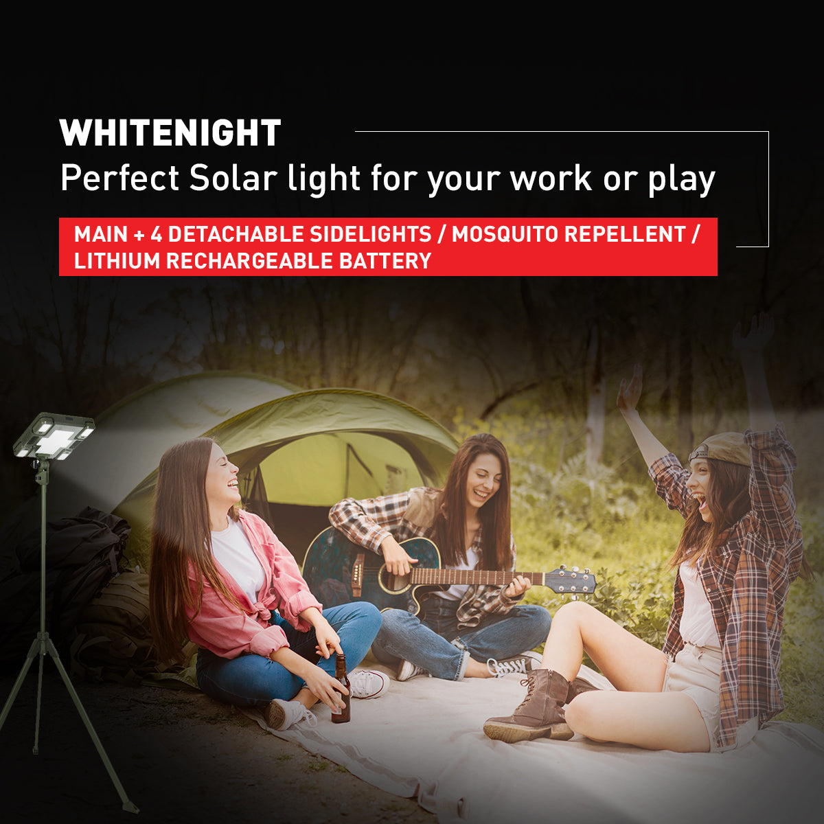 TRU De-LIGHT WHITENIGHT Multipurpose LED Solar / AC / DC - Garden, Camping Main Light + 4 Independent Detachable Multi Mode Side Lights / Tripod + Carrying Bag 
