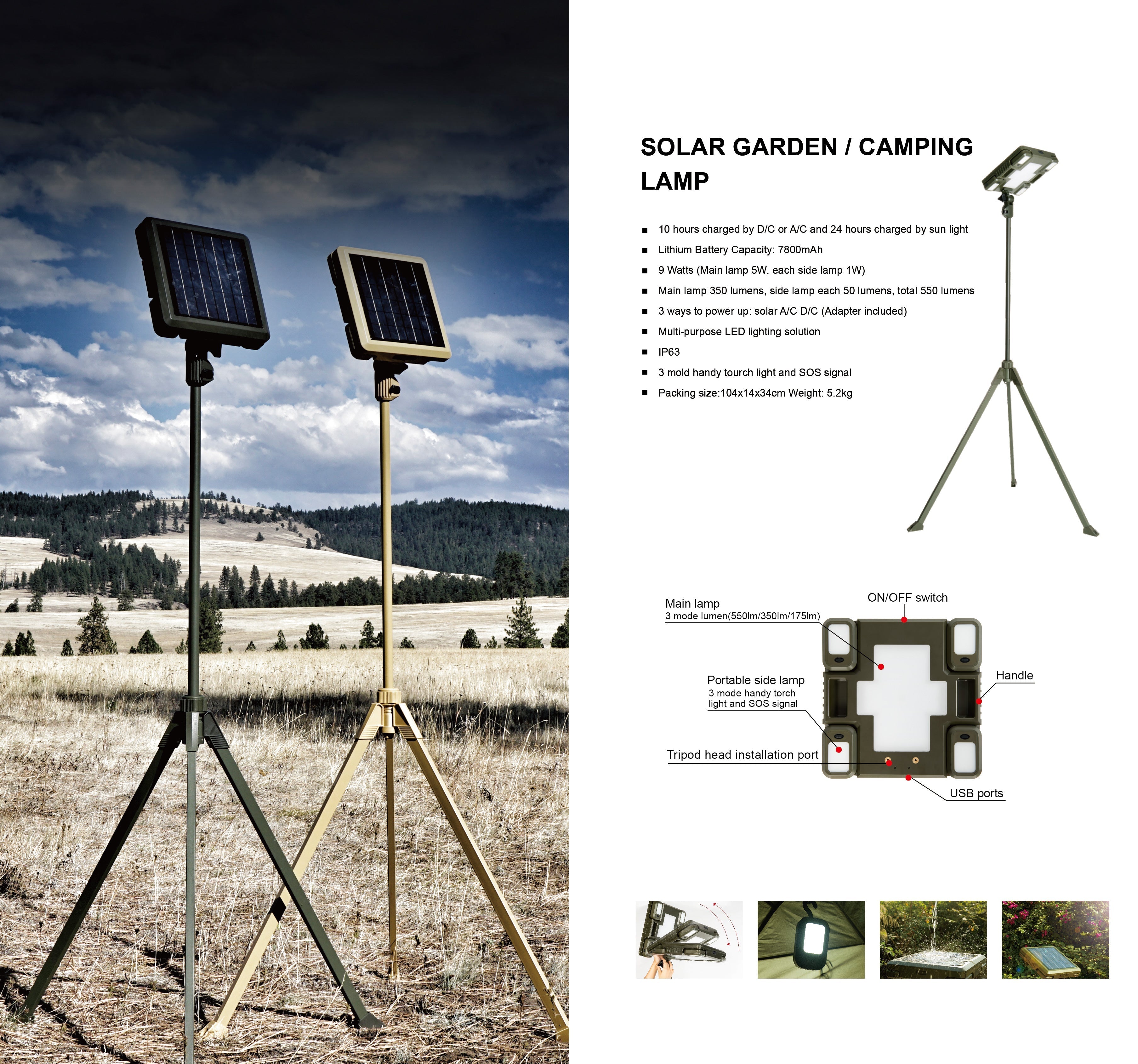 TRU De-LIGHT WHITENIGHT Multipurpose LED Solar / AC / DC - Garden, Camping Main Light + 4 Independent Detachable Multi Mode Side Lights / Tripod + Carrying Bag 