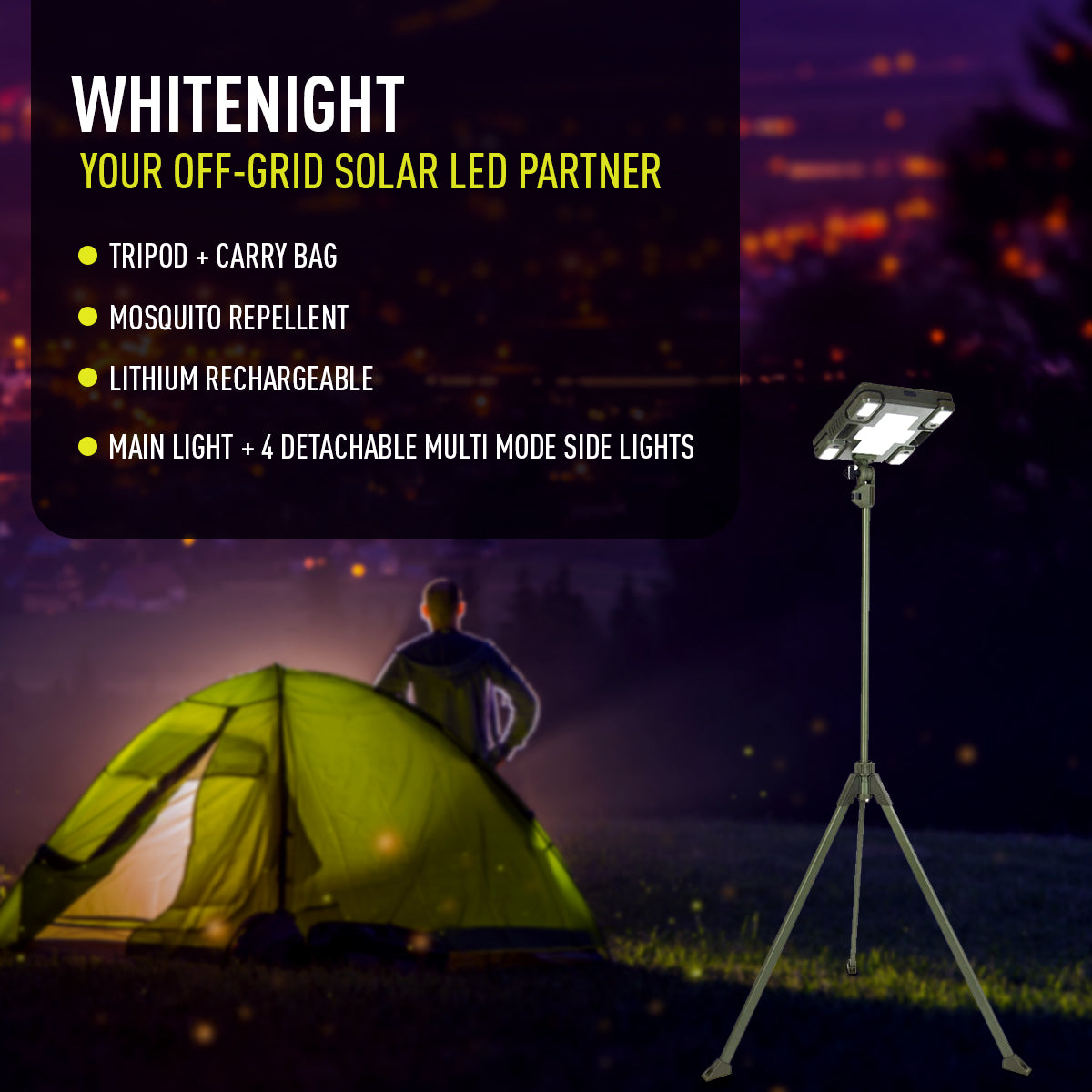 TRU De-LIGHT WHITENIGHT Multipurpose LED Solar / AC / DC - Garden, Camping Main Light + 4 Independent Detachable Multi Mode Side Lights / Tripod + Carrying Bag 