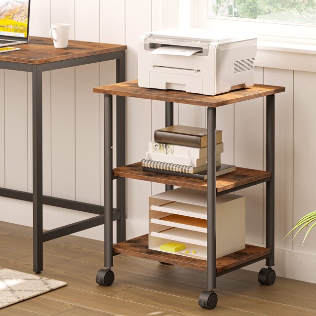 HOOBRO 3-Tier Adjustable Printer Stand with Wheels, Mobile Printer Cart and Office Storage Shelf, Rustic Brown & Black
