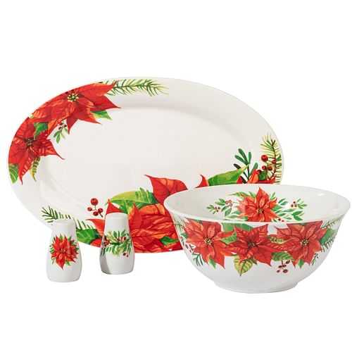 Gibson Home 4 Piece Ceramic Serving Set in White With Poinsettia Decorations - Free Shipping 