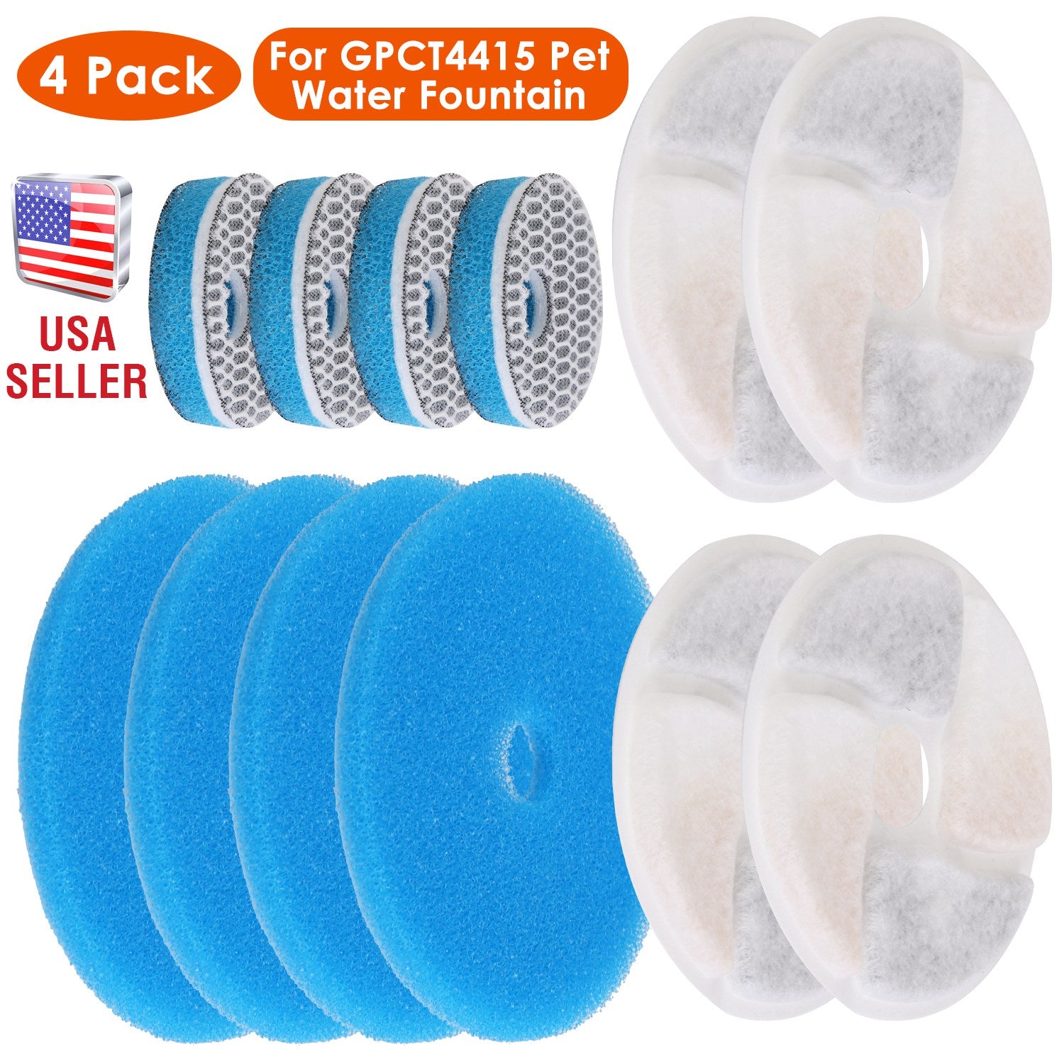 4 Pack Filter Set for GPCT4415 Pet Water Fountain Double Sponge Activated Carbon Ion Resin 8D Filter Cotton