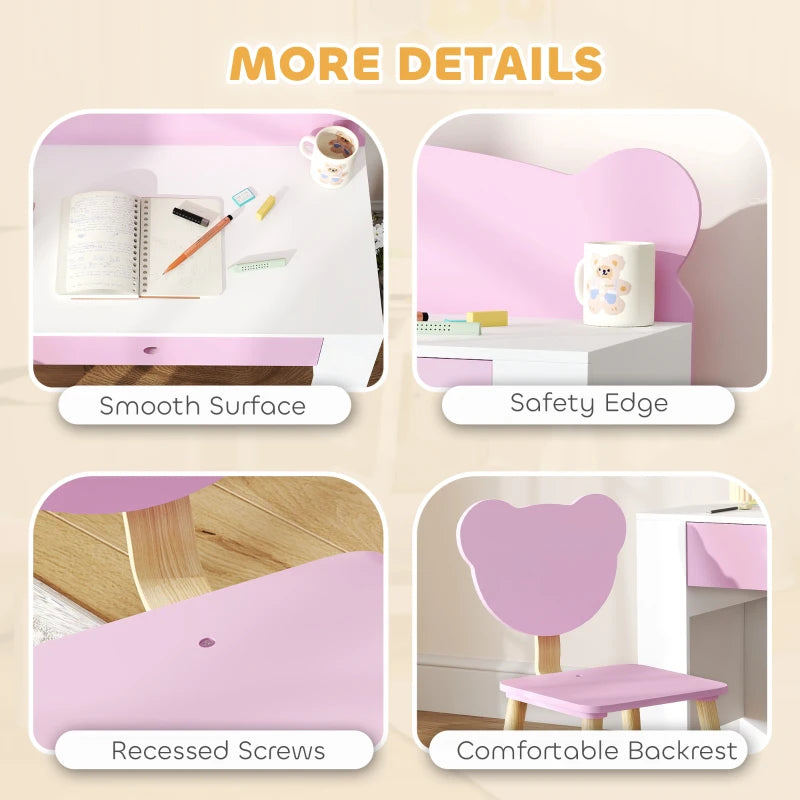 Qaba Kids Desk and Chair Set with Drawer for Drawing, Reading, Bear Theme Children Furniture for Bedroom, Daycare, Pink