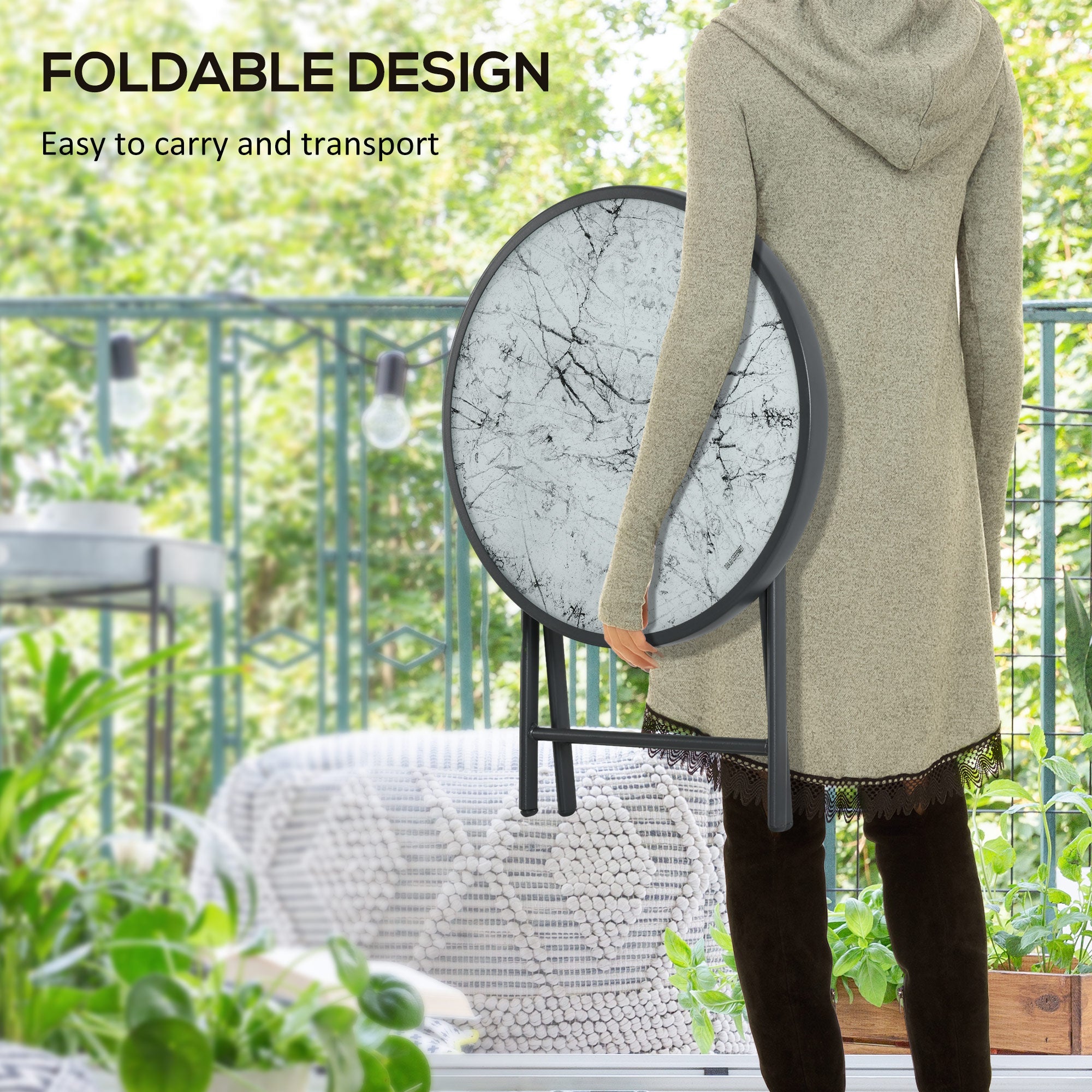 Outsunny 18" Outdoor Round Folding Table, Garden Side Table with Tempered Glass Top for Camping, Party, Weddings, White 