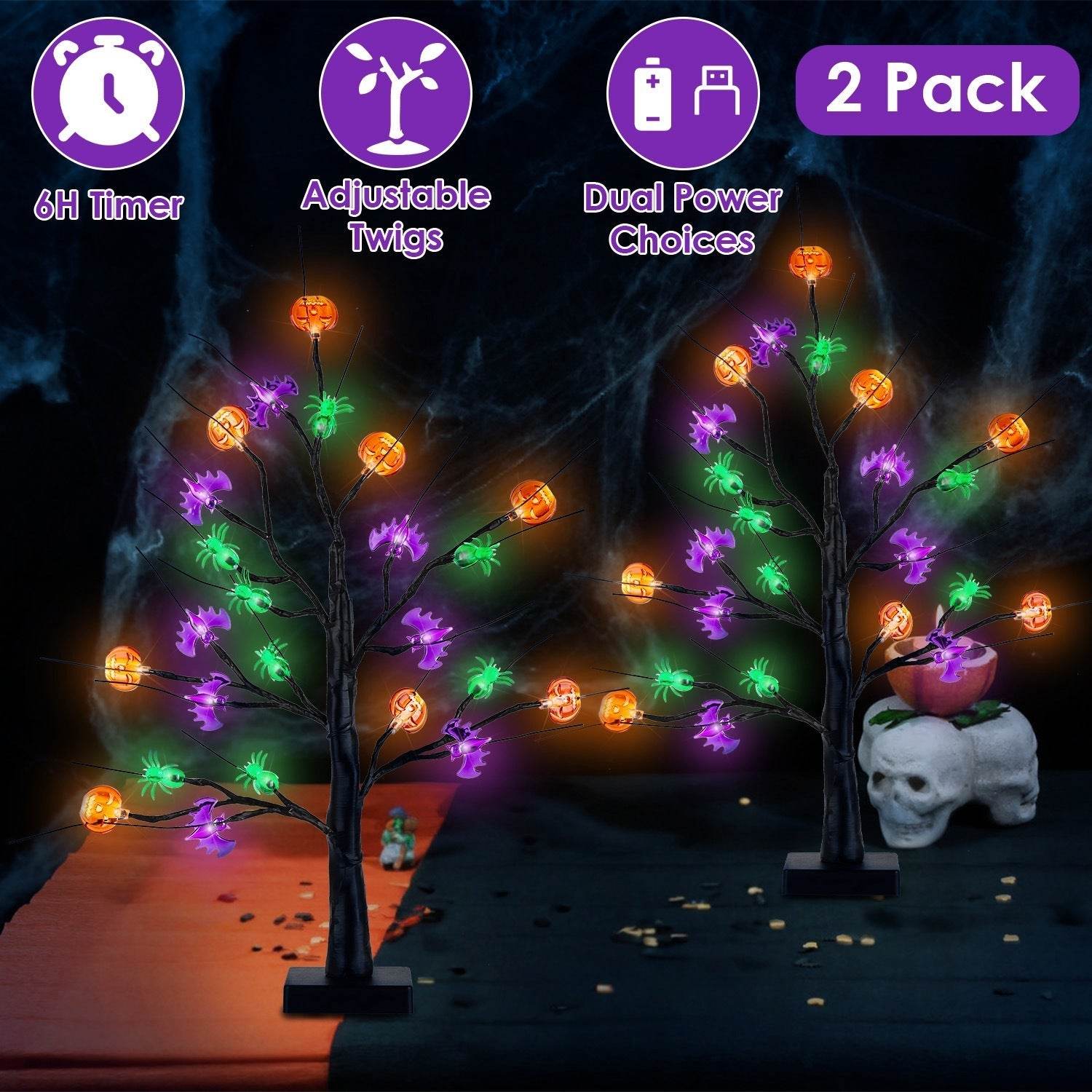 2Pack 1.97FT Lighted Halloween Trees Halloween Indoor Decorations Black Halloween Tree Lights With Timer Adjustable Twigs For Tabletop Party 