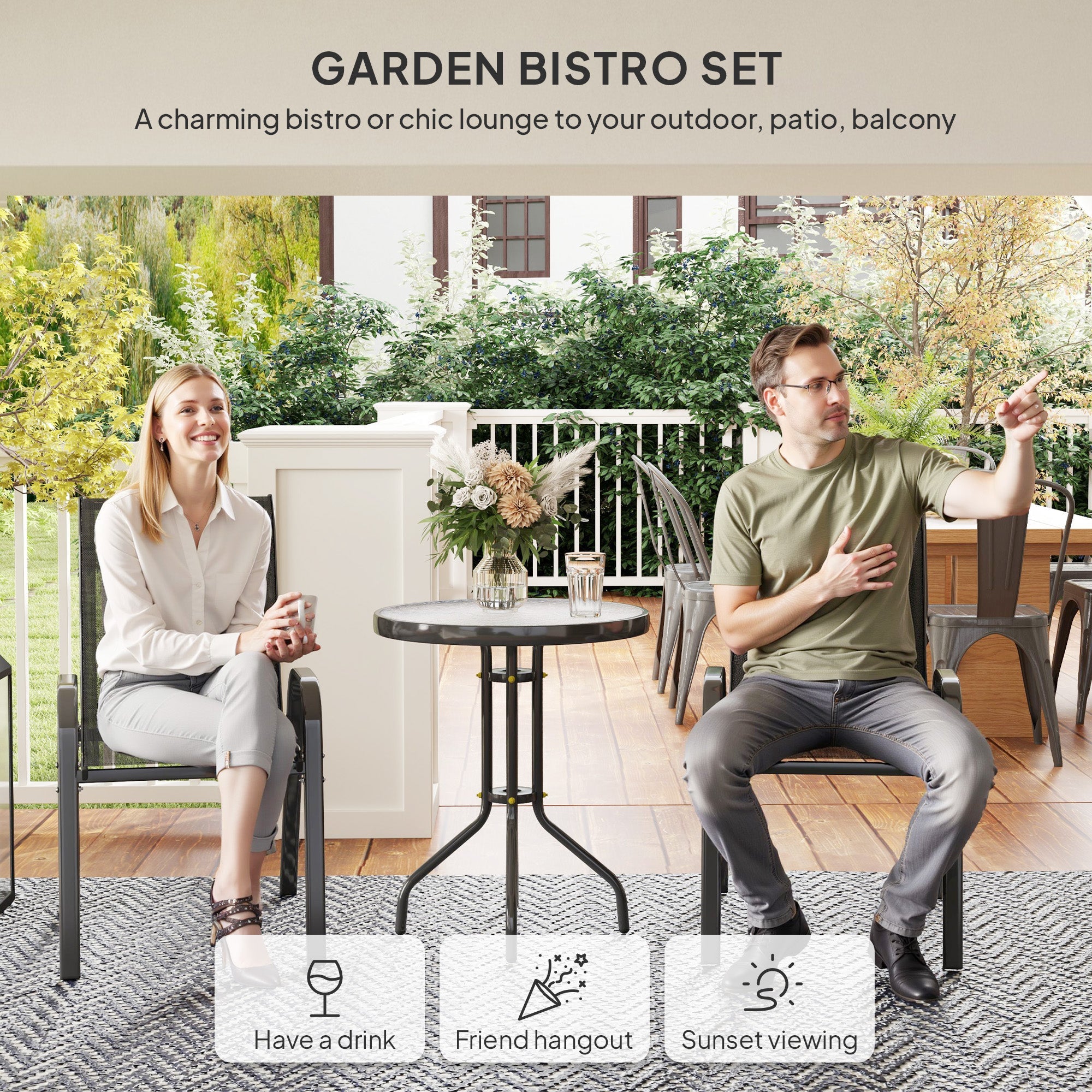 Outsunny 3 Pieces Bistro Set, Small Patio Furniture Set with Stackable Mesh Chairs, Glass Table for Garden, Balcony, Black 