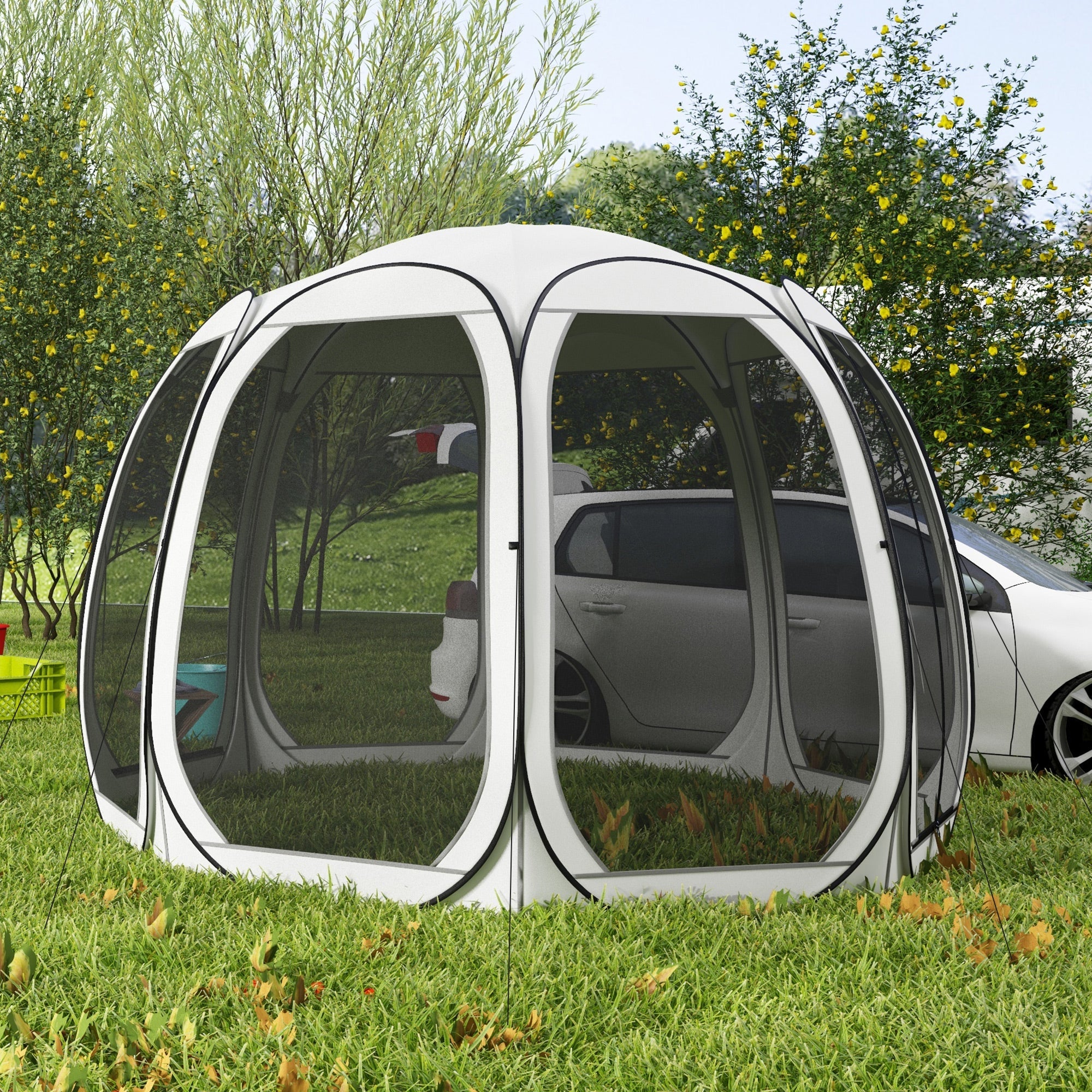 Outsunny 11' x 11.5' Screen Tent, Pop Up Camping Gazebo with Portable Carry Bag and 2 Doors, Cream White 