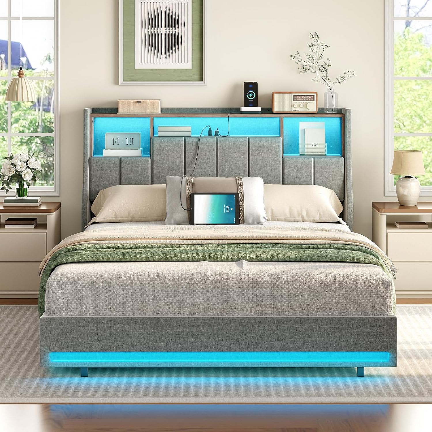HOOBRO Full Size Upholstered Bed Frame with Storage Headboard, LED Lights & Charging Station, Gray