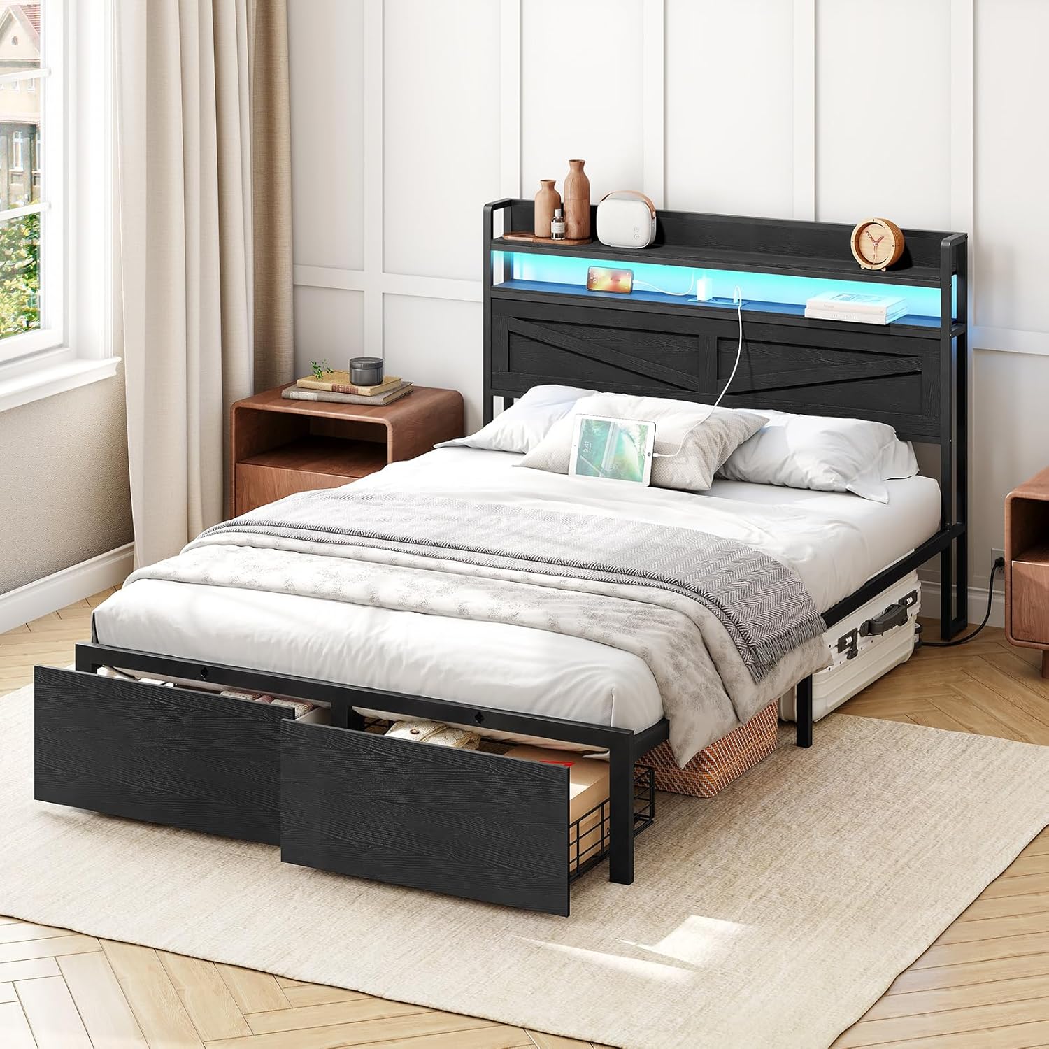 HOOBRO Full Size LED Bed Frame with Charging Station, Storage Headboard & 2 Drawers, Black