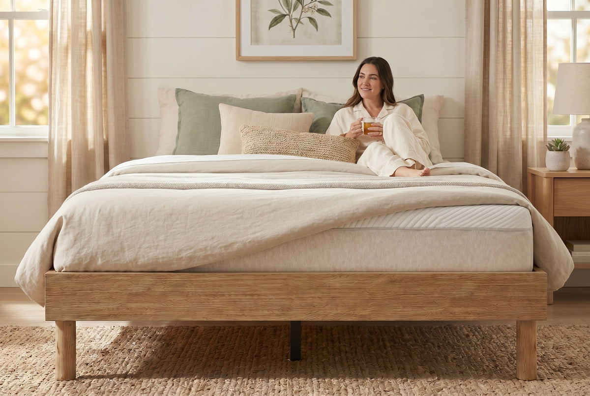 King Platform Bed Frame, Natural Oak-Look, Low Profile