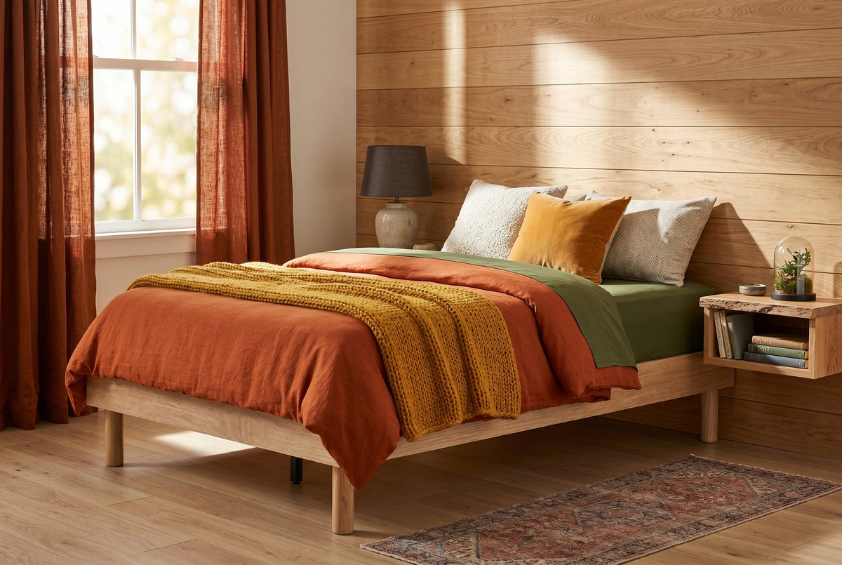 Double Platform Bed Frame, Natural Oak-Look, Low Profile