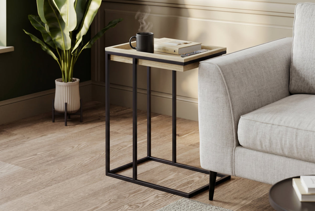 C-Shaped End Table with Sunken Tray Top, Black Metal Frame