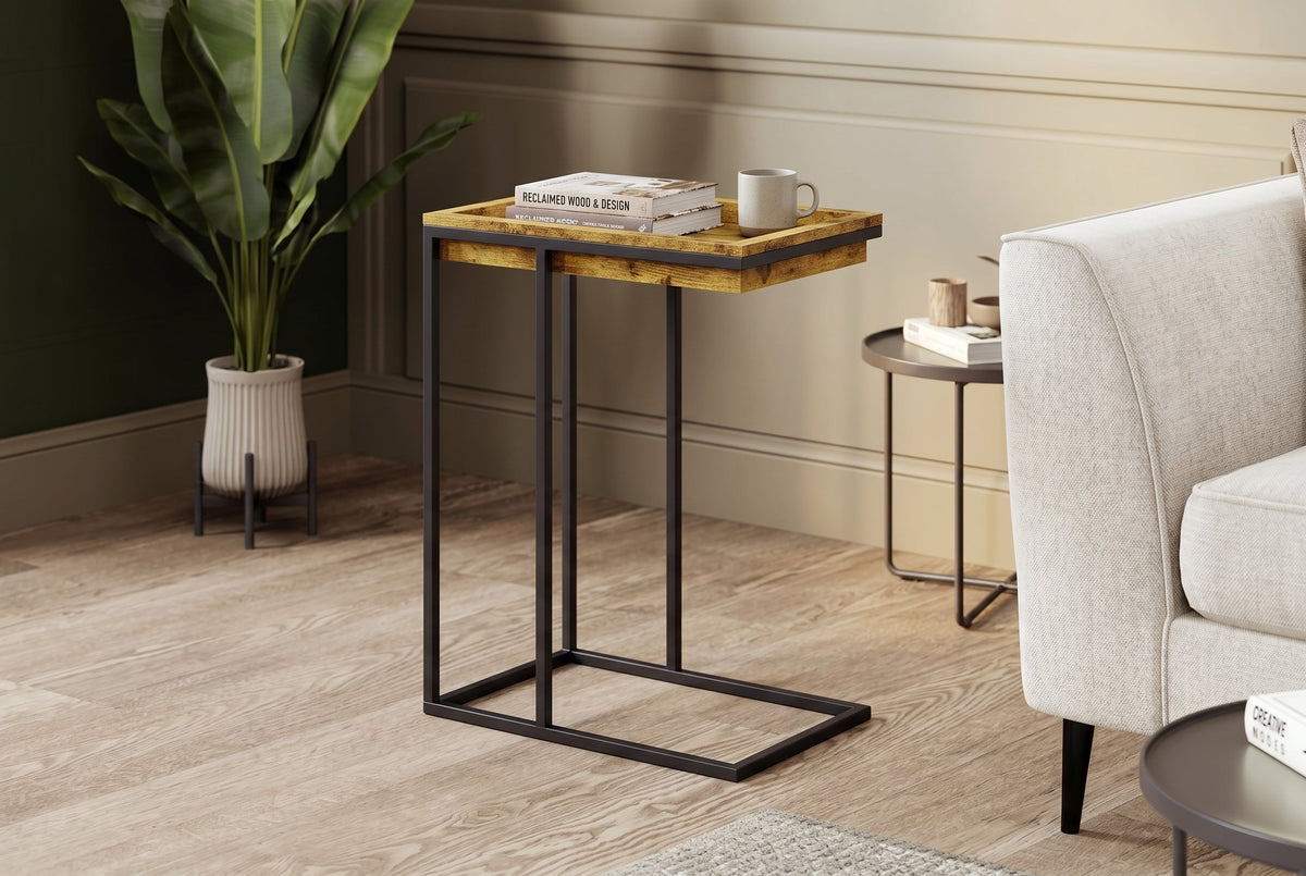 C-Shaped End Table with Sunken Tray Top, Black Metal Frame