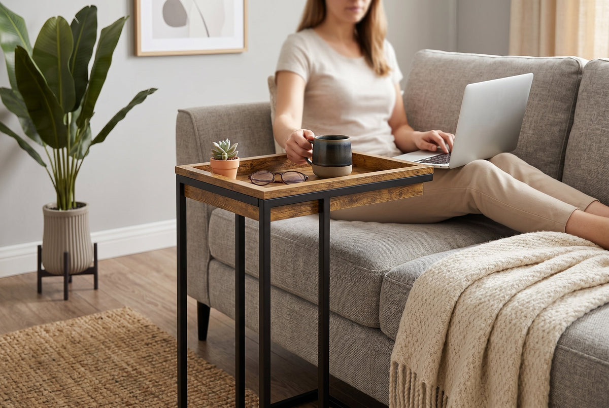 C-Shaped End Table with Sunken Tray Top, Black Metal Frame