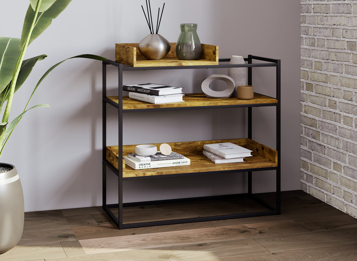 Entryway Console Table, 31.5 in, 3 Tiers, Reclaimed-Wood-Look Finish, Black Metal