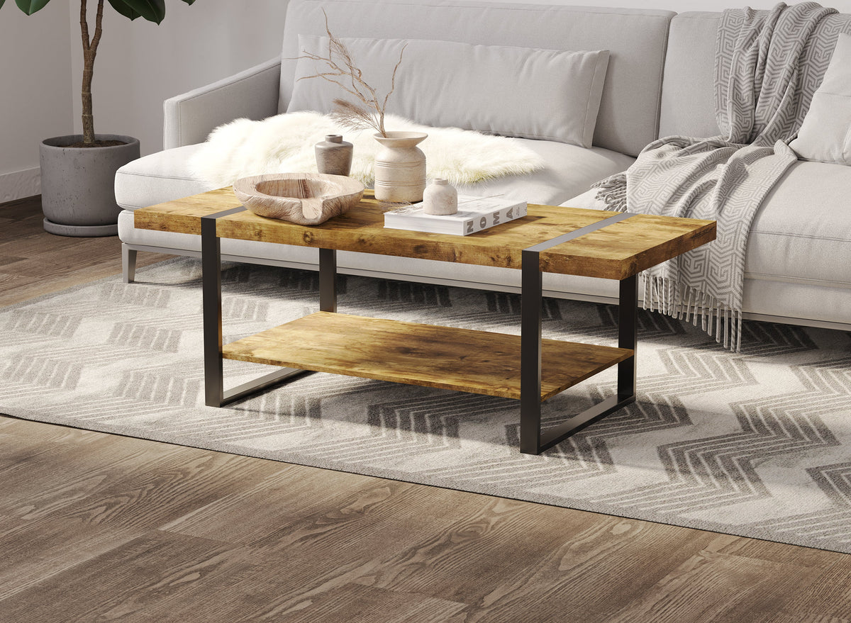 Coffee Table, 44 in, Reclaimed-Wood-Look Finish, Black Metal Base