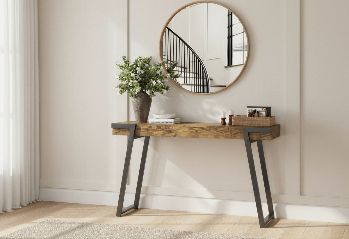 Console Table, 47 in, Reclaimed-Wood-Look Finish, Black Metal Base