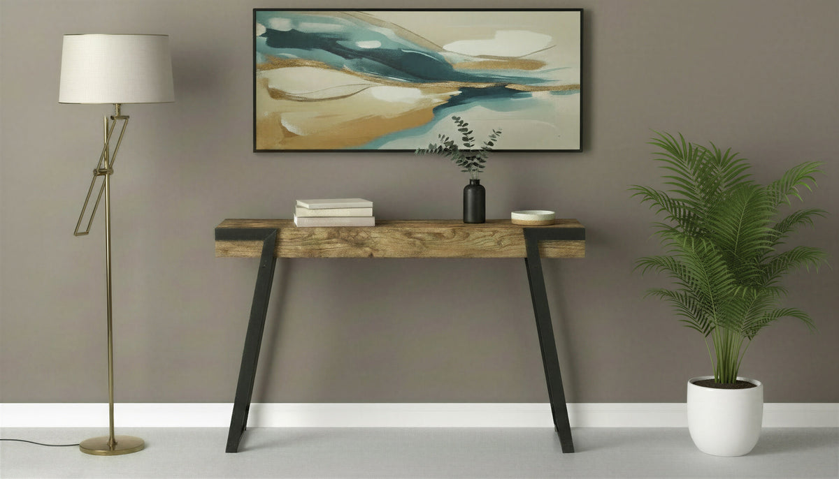 Console Table, 47 in, Reclaimed-Wood-Look Finish, Black Metal Base
