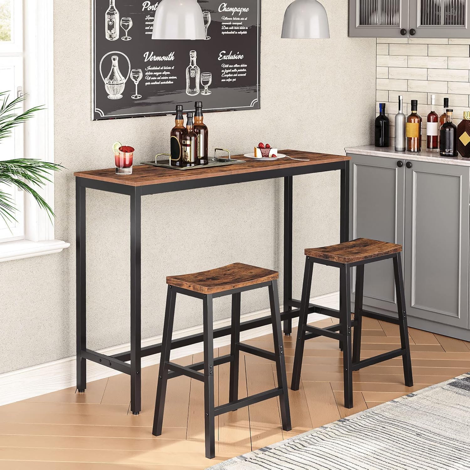 HOOBRO Bar Stools Set of 2, Industrial Saddle Counter Stools with Footrests, Rustic Brown & Black