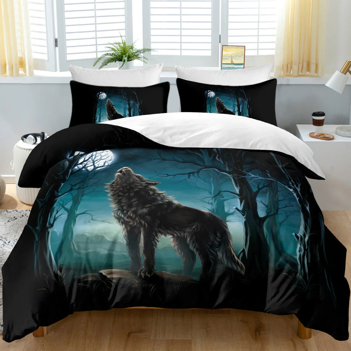 Moon Wolf Bedding Green Watercolor Forest Wolf Landscape Duvet Cover Sets 3 Pieces Wild Animal Bedding Set Twin Full Queen King Size 