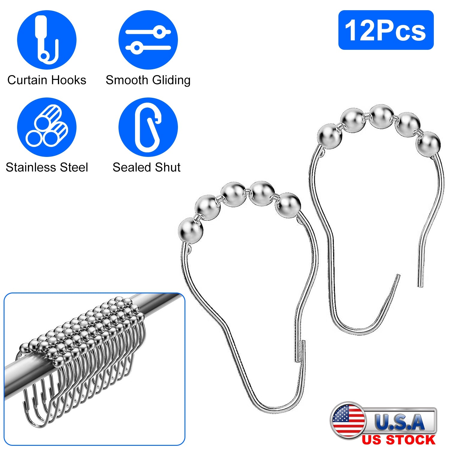 12 Sets of Shower Curtain Hooks Rustproof Stainless Steel Hooks for Shower Rods Smoothly Glide Hooks for Bathroom Bathtubs Closets Window Curtain 