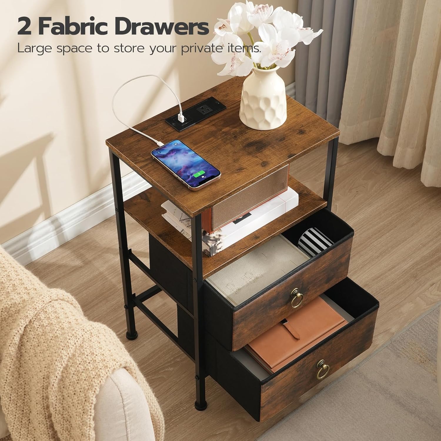 HOOBRO Nightstand with Charging Station, Bedside Table with 2 Fabric Drawers, USB & Type-C Ports, Rustic Brown & Black