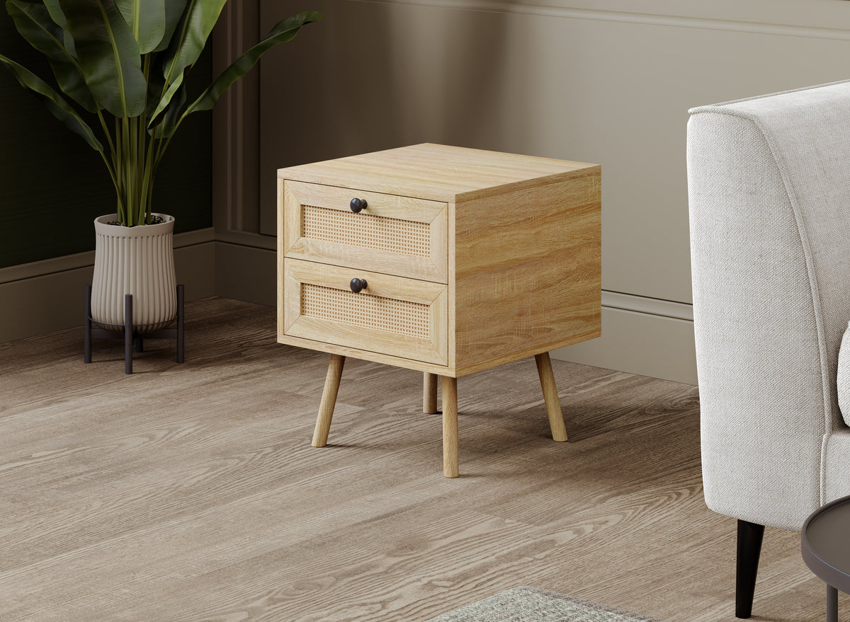 Nightstand, 2 Drawers, Cane-Look Fronts, Natural Wood-Look Finish