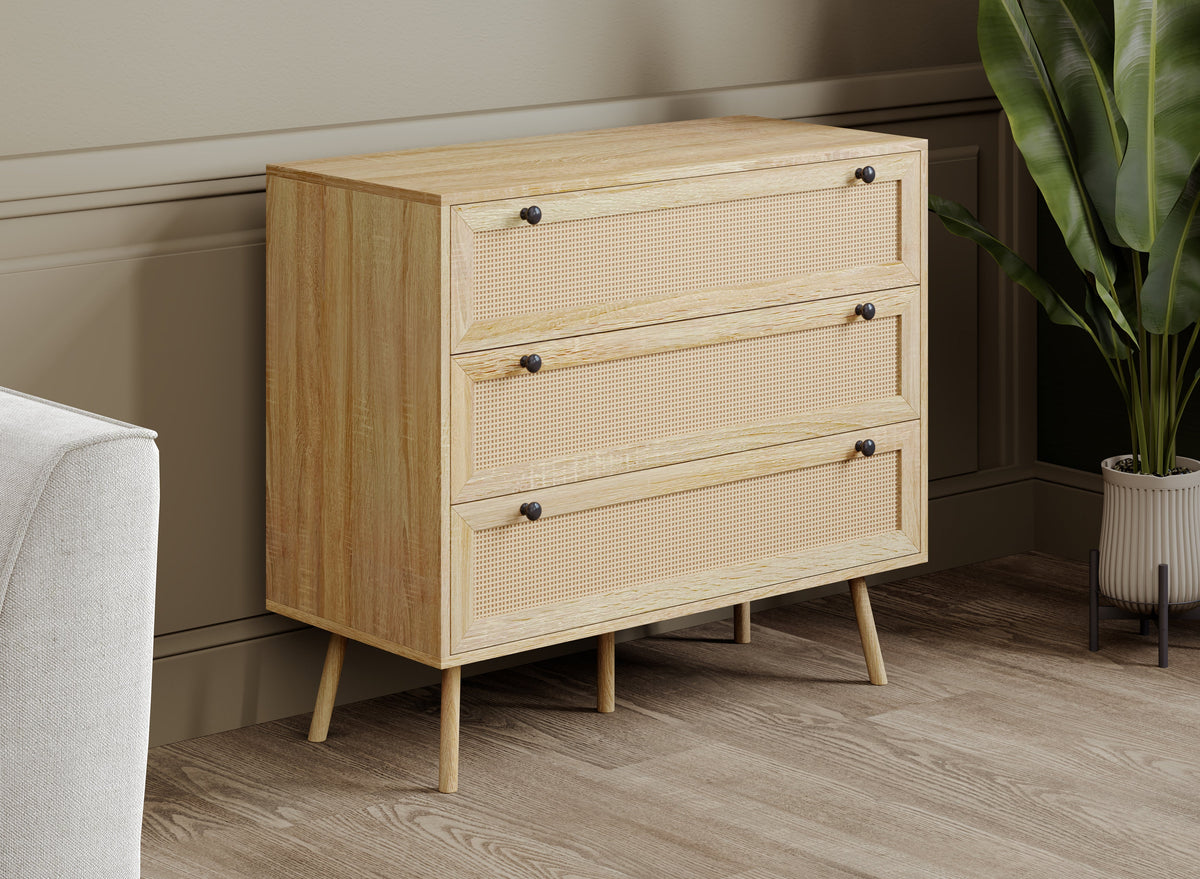 Dresser, 3 Drawers, Cane-Look Fronts, Natural Wood-Look Finish