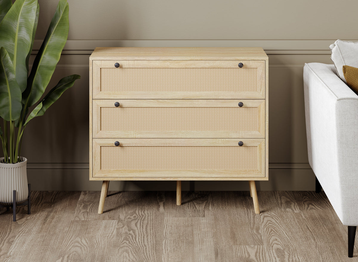 Dresser, 3 Drawers, Cane-Look Fronts, Natural Wood-Look Finish