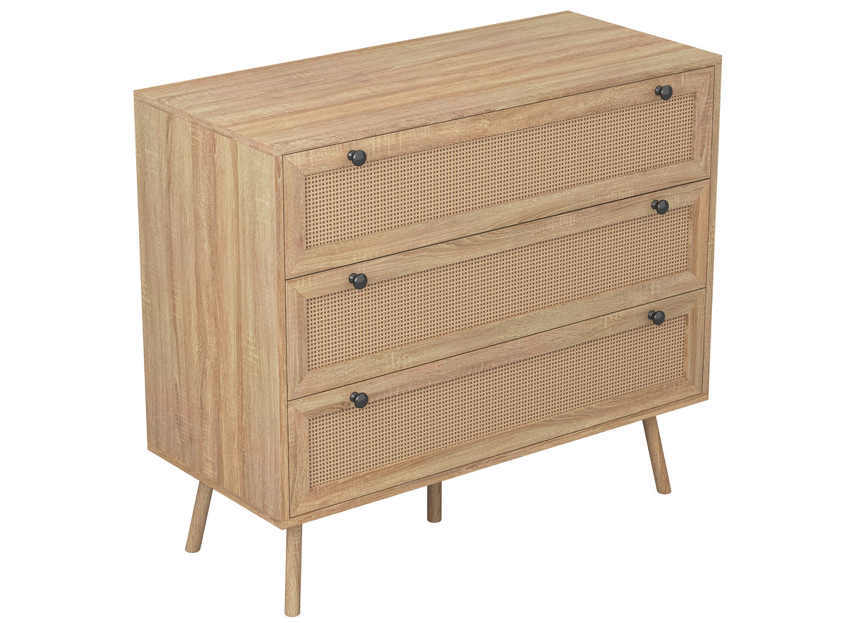Dresser, 3 Drawers, Cane-Look Fronts, Natural Wood-Look Finish