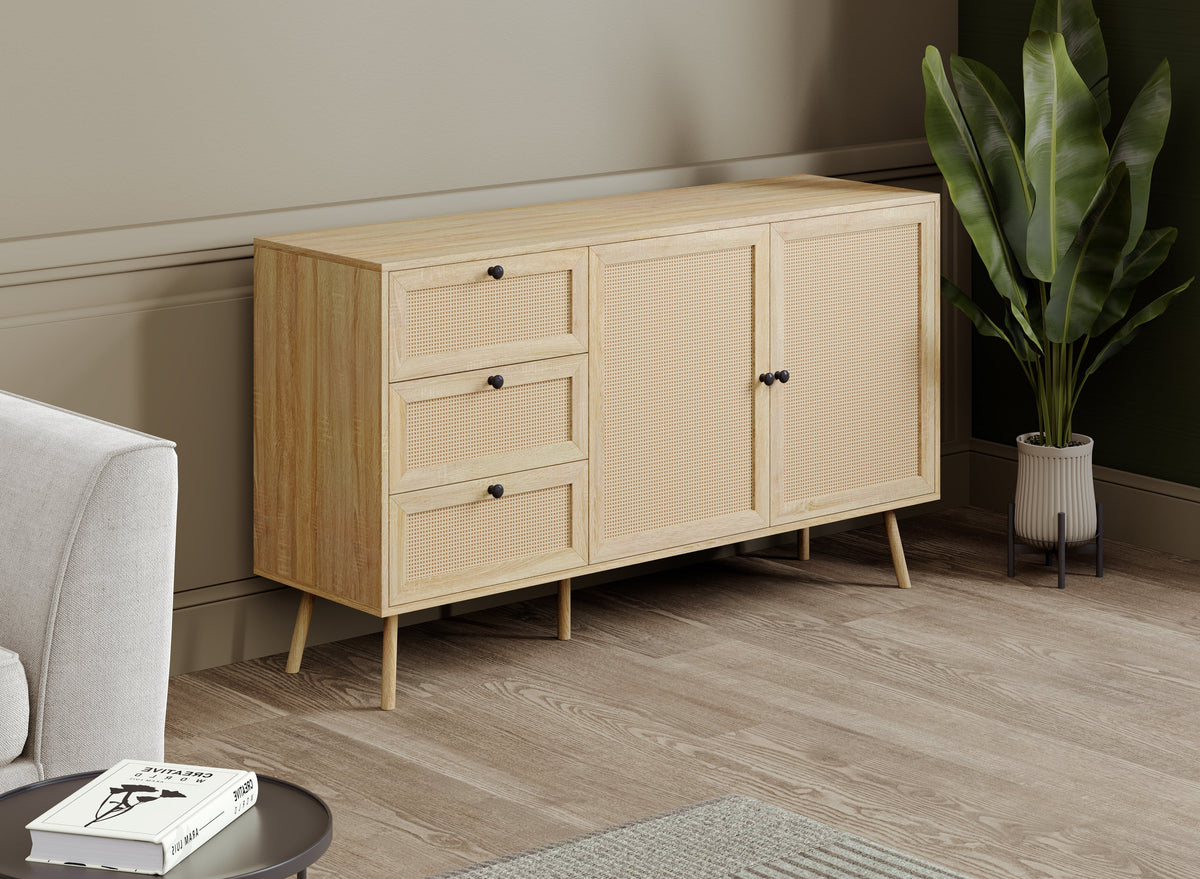 Sideboard Buffet, 2 Doors and 3 Drawers, Cane-Look Fronts, Wood-Look Finish