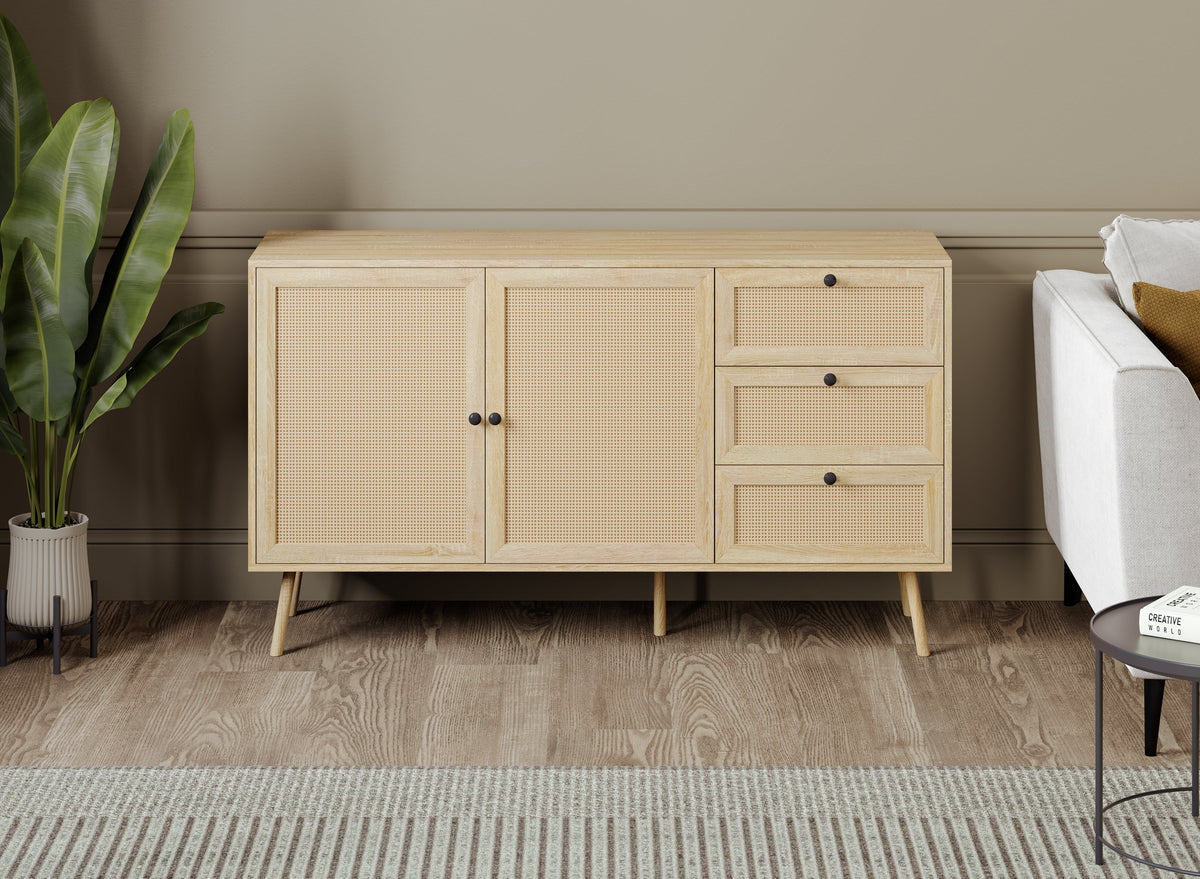 Sideboard Buffet, 2 Doors and 3 Drawers, Cane-Look Fronts, Wood-Look Finish