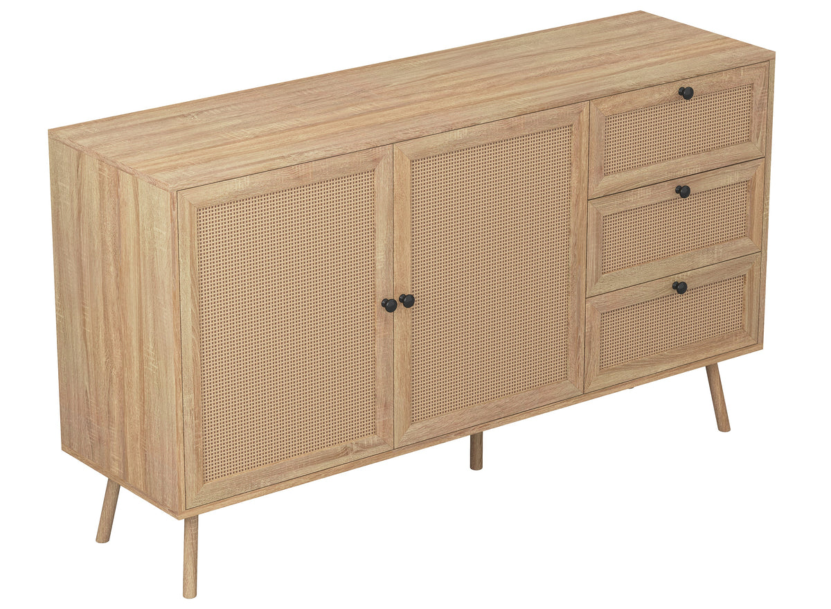 Sideboard Buffet, 2 Doors and 3 Drawers, Cane-Look Fronts, Wood-Look Finish