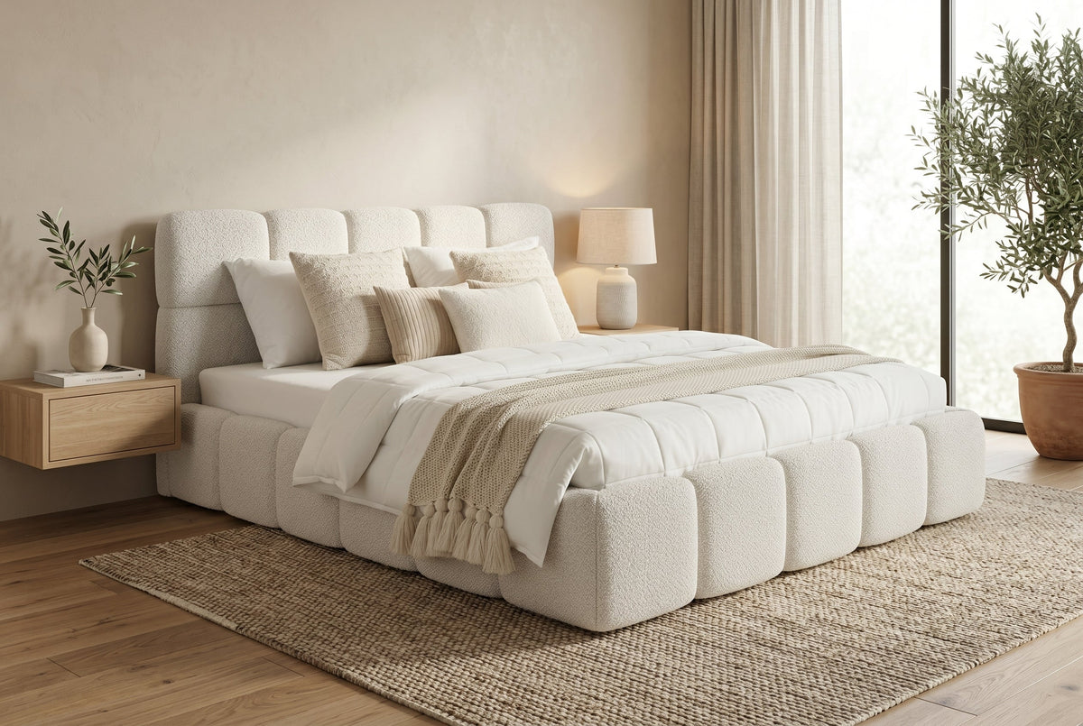 Queen Boucle Upholstered Bed Frame, Off-White