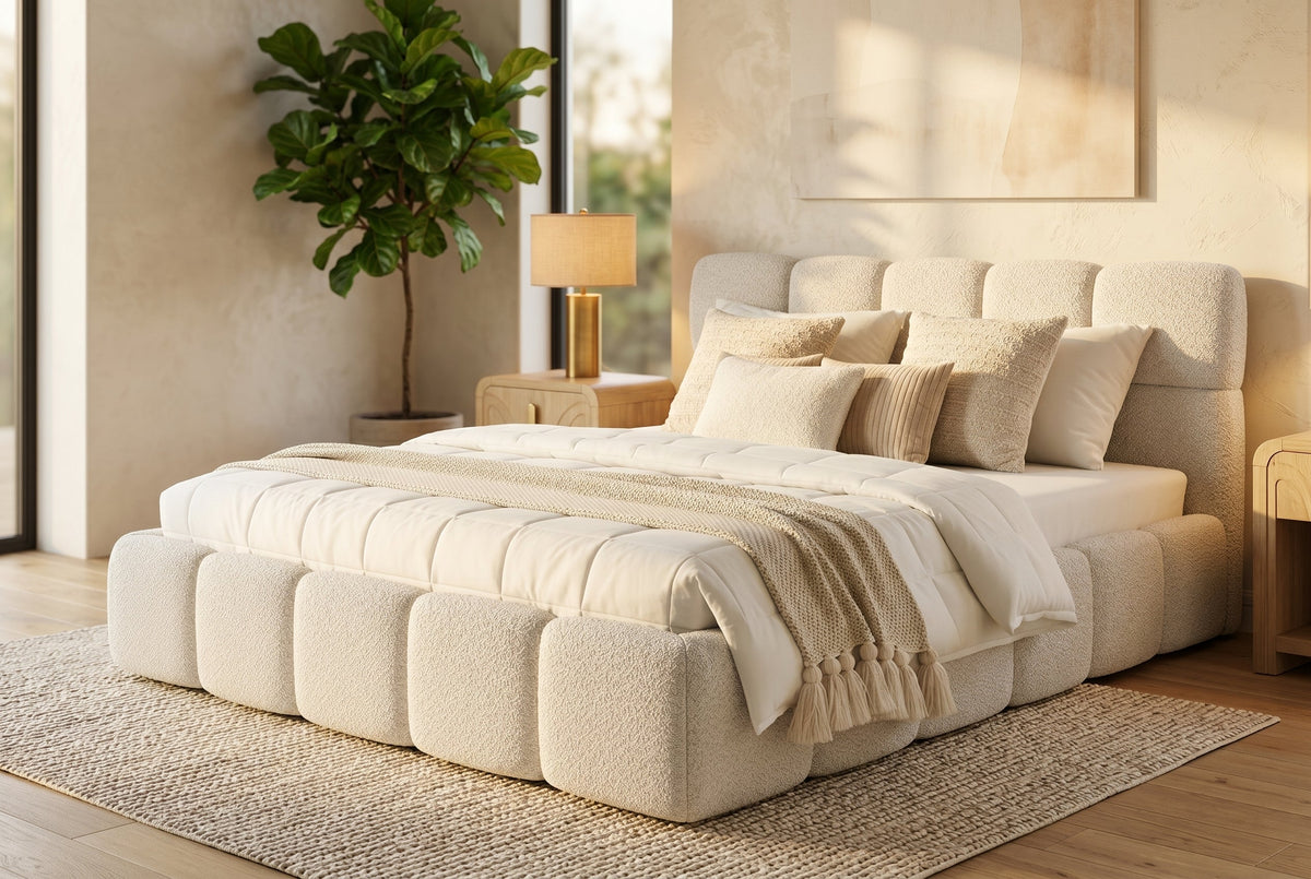 Queen Boucle Upholstered Bed Frame, Off-White